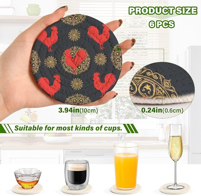 Rooster Mandala Black Print Coasters - Image 3