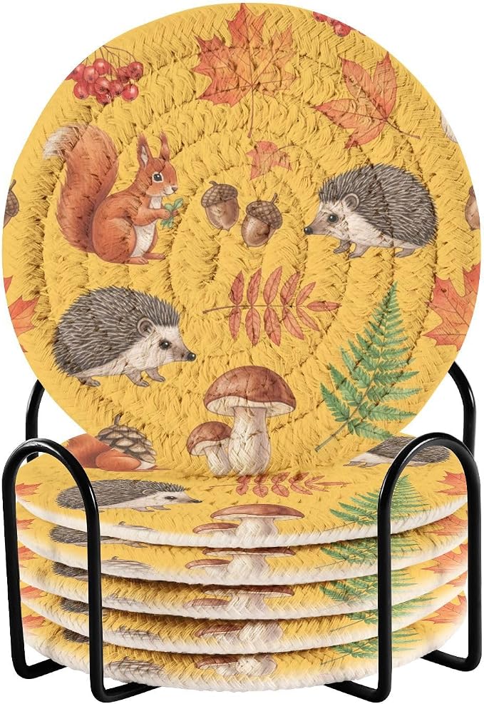 Fall Squirrel Acorn Yellow Pattern Coasters by Unknown