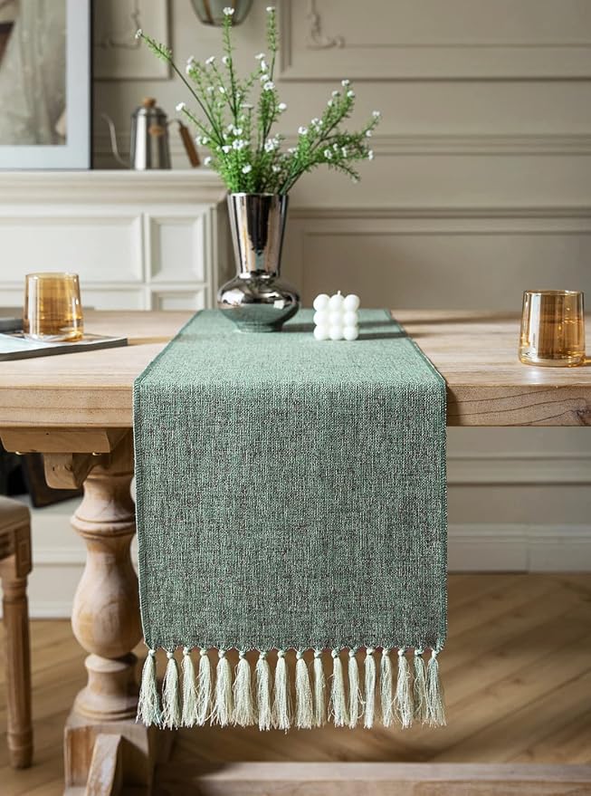 Green Table Runners 72 Inches Long, Burlap Linen Style Rustic Farmhouse Table - Image 2