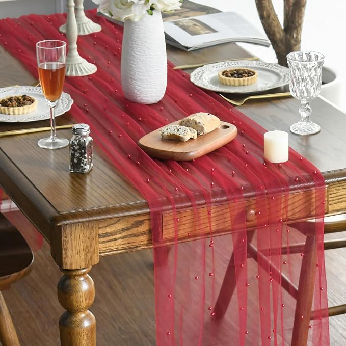 Artoid Mode Pearl Red Gauze Table Runner 120 Inch 10FT, Seasonal Sheer Dining - Image 2