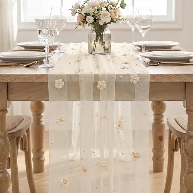 Artoid Mode Flower Pearl Champagne Gauze Table Runner 10FT 6PC, Seasonal Sheer - Image 2
