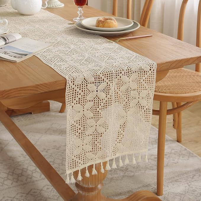 meioro Crochet Lace Table Runner, 12x56 Inch Boho Cotton Table Runners by meioro