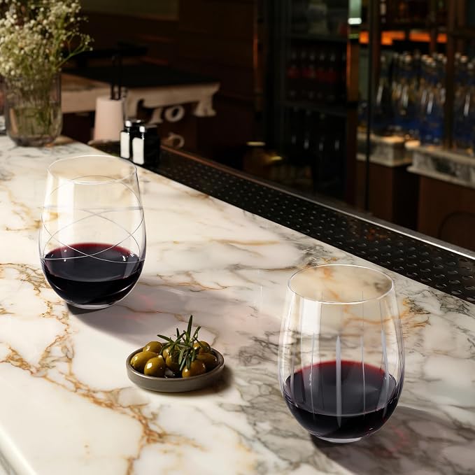 Joeyan Hand Blown Etched Stemless Wine Glasses - Image 3