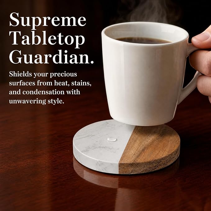 6 Packs Marble Wood Coasters, Round Coaster, Handcrafted Artificial Marble - Image 4