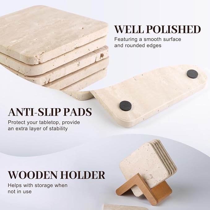 Travertine Coasters Set of 5, Square Coasters - Image 2