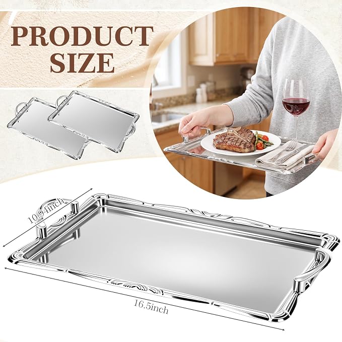 4 Pack Serving Tray with Handles 16.5 x 10.9 Inch Large Metal Plate Floral - Image 3