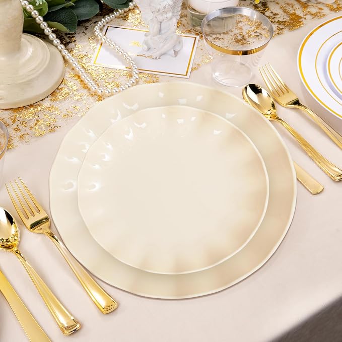 LIYH 50 Pcs Beige Plastic Plates Reusable Unbreakable Dinner Plates Scalloped - Image 2