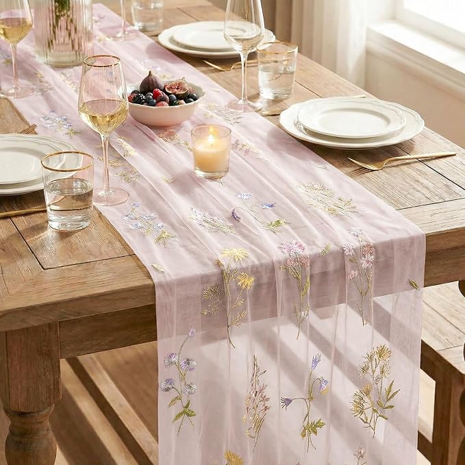 Artoid Mode 6PC Wildflower Floral Light Pink Gauze Embroidery Table Runner 120 - Image 7