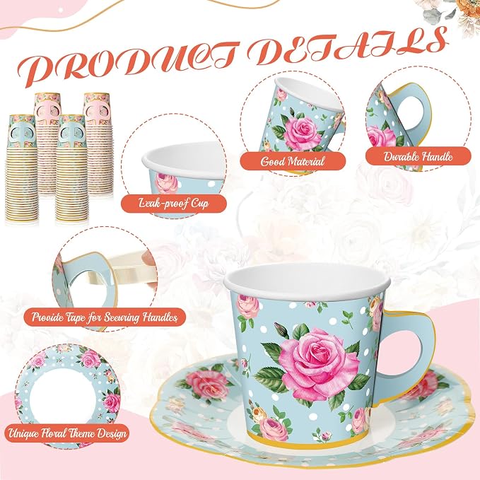 Umigy 36 Sets Floral Tea Party Decorations 6.5 oz Floral Paper Teacups & Saucer - Image 3