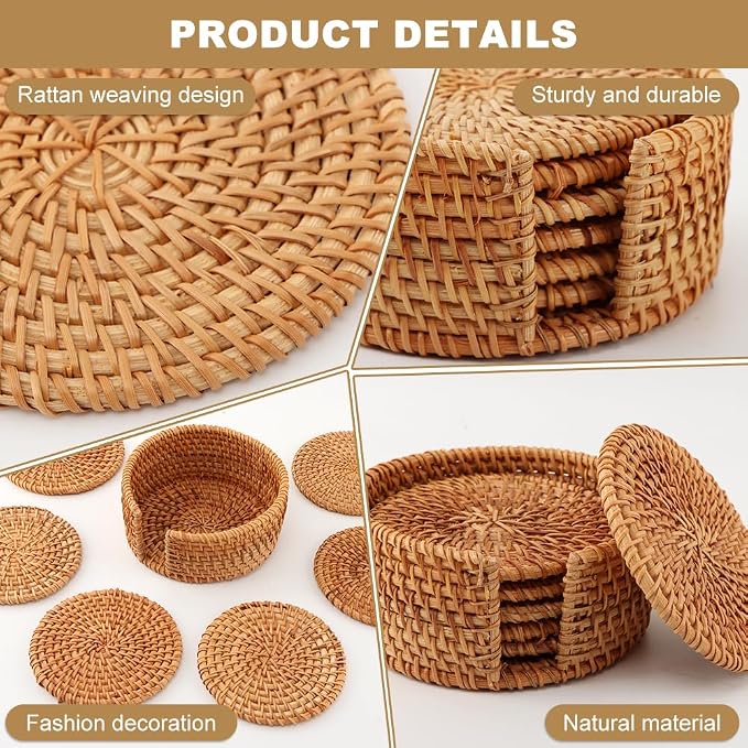 Rattan Coasters Set of 6 with Holder, 3.94 Inch Handwoven Coasters | Natural - Image 6