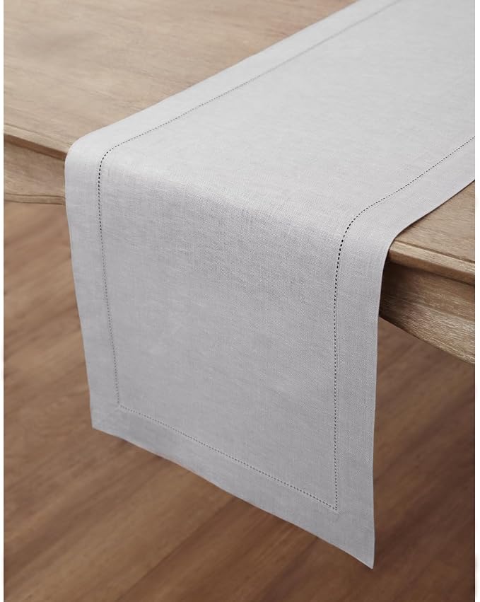 Solino Home 100% Pure Linen Table Runner Soft Grey Hemstitch, 14 x 90 in | - Image 3