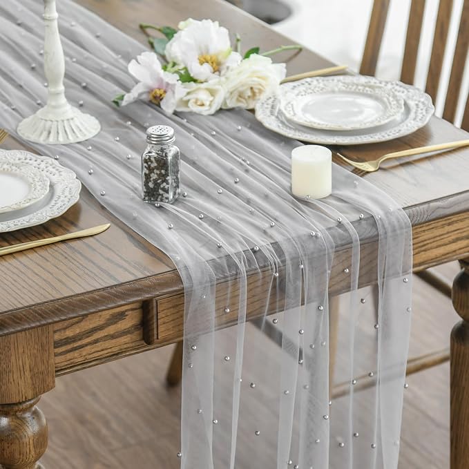 Artoid Mode 3PCS Pearl Grey Gauze Table Runner 120 Inch 10FT, Seasonal Sheer by ArtoidMode