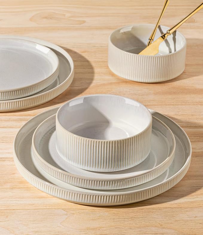 Ceramic Dinnerware Set for 8, 24-Piece Plates and Bowls Set | Lightweight - Image 4