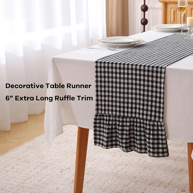 Black White Plaid Gingham Ruffle Table Runner 90 inches Long 100% Washed Cotton - Image 3
