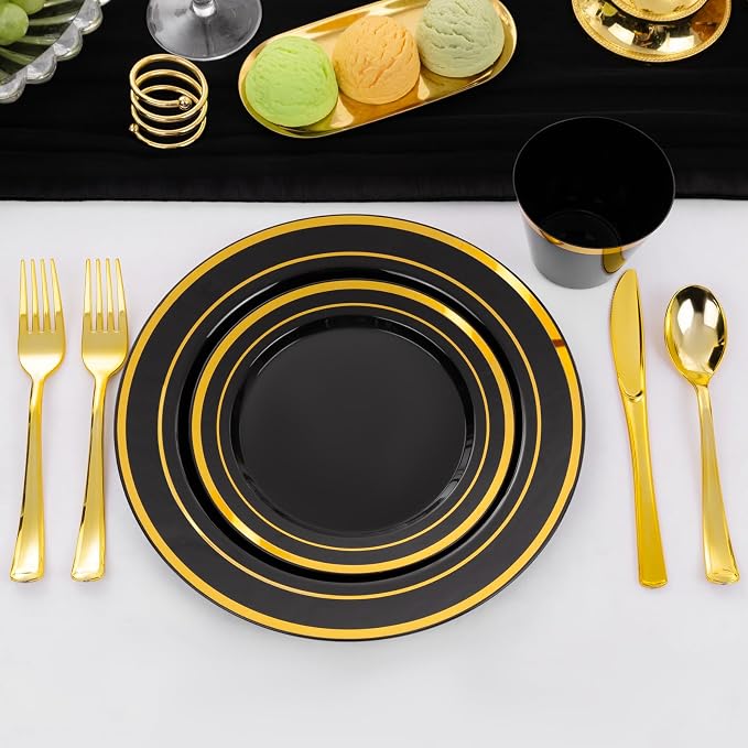 WELLIFE Black and Gold Plates, Plastic Dinnerware Set - Image 4