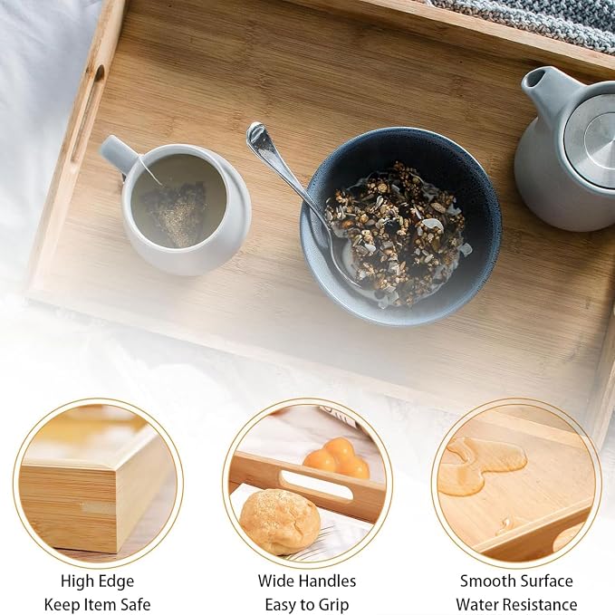 Krismax Serving Tray with Handles, Bamboo Breakfast Tray Wooden Trays - Image 3