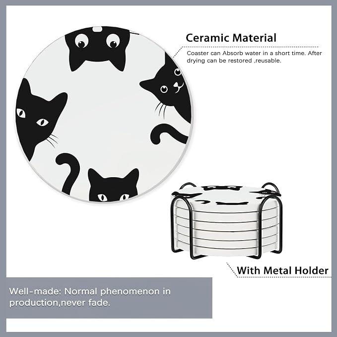 Drink Coasters Set of 6 with Holder, Cute Black Cat Absorbent Ceramic Coasters - Image 5