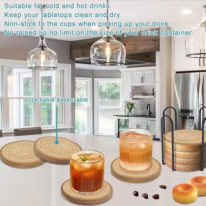 Eykao Wood Coasters for Drinks, Absorbent Coaster Sets of 8, Woven Drink - Image 4