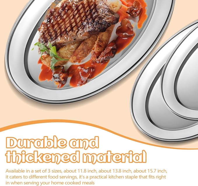 FoldTier 3 Pcs Stainless Steel Serving Tray Large Oval Platter Set, 11.8" 13.8" - Image 5