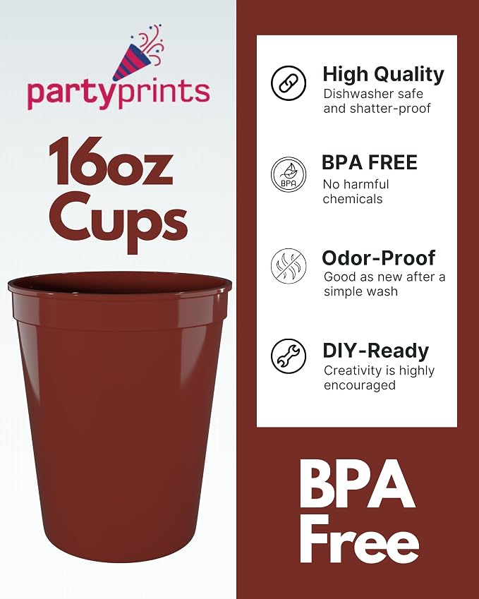 PartyPrints 10 Pack 16 oz Maroon Reusable Blank Plastic Cups, Stadium Cups Bulk - Image 2