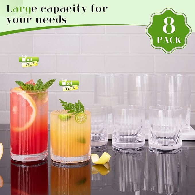 Ribbed Drinking Glasses Cups Set of 8 Large Capacity Highball 17oz&12oz | Rocks - Image 7