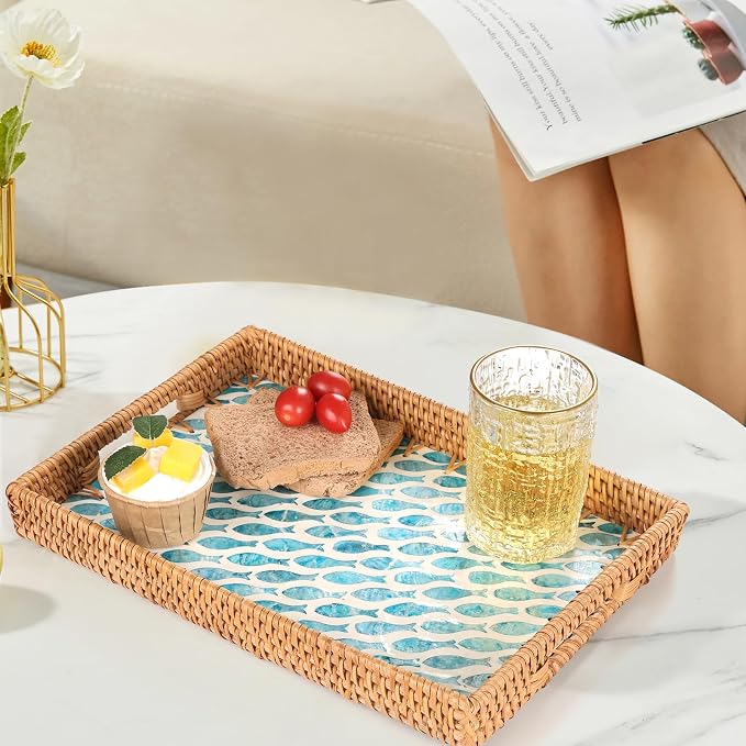 Rectangle Rattan Tray with Mother of Pearl Inlay, Rattan Serving Tray with - Image 6