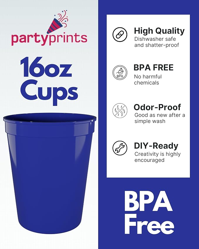 PartyPrints 100 Pack 16 oz Assorted Reusable Blank Plastic Cups, Stadium Cups - Image 2