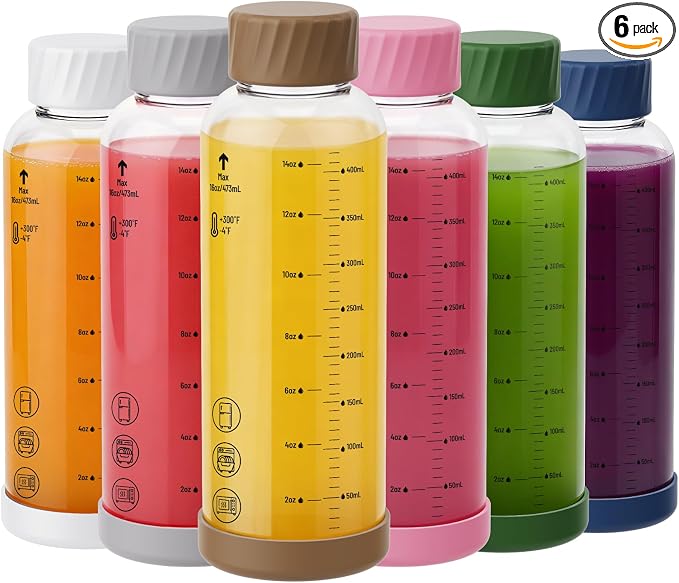 16 oz Glass Juice Bottles 6 Pack, Leakproof Borosilicate Glass Bottles | by Sursip%C2%AE
