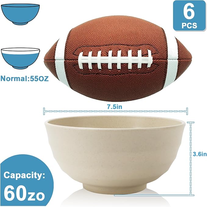 Wheat Straw Bowls Sets of 6, 60oz Large Plastic Bowl Reusable, Unbreakable - Image 2