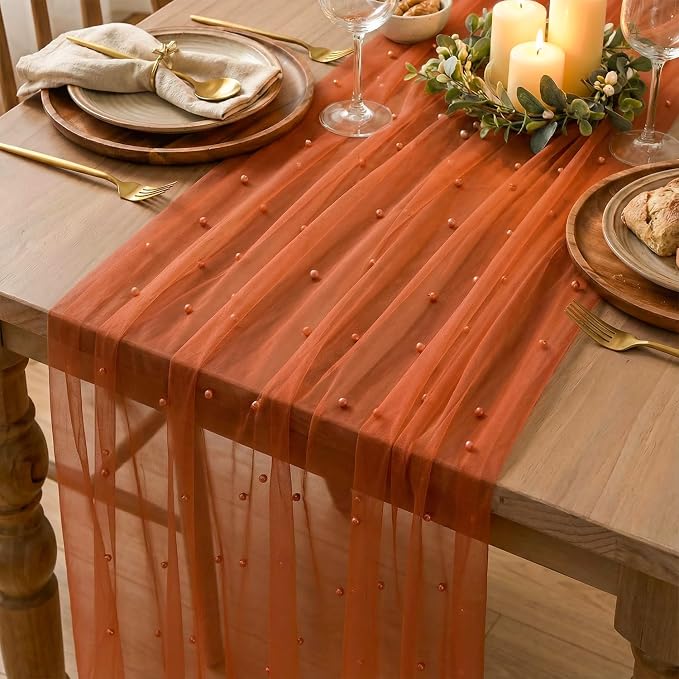 Artoid Mode Pearl Terrcotta Gauze Table Runner 120 Inch 10FT, Seasonal Sheer - Image 5