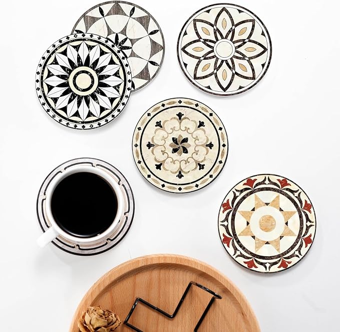 Baalaka Coasters Set of 6 with Holder, 4 in Absorbent Ceramic Boho Mats | Each - Image 4