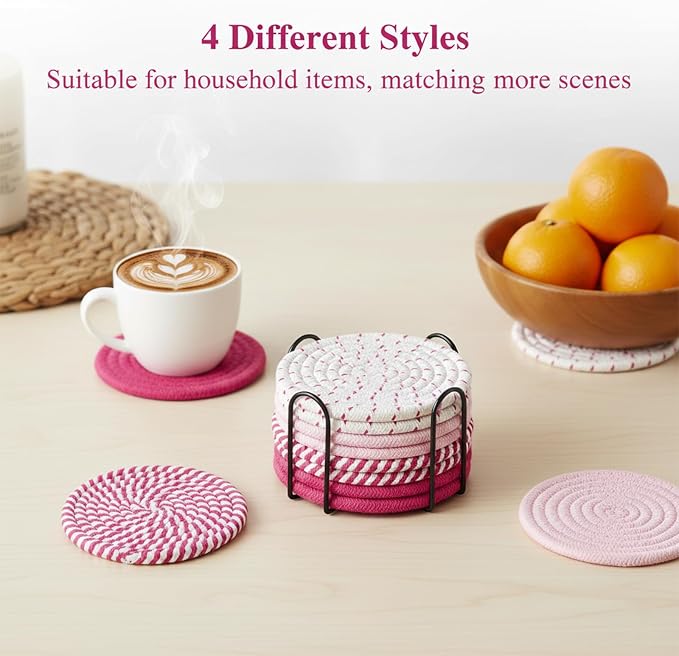 Drink Coasters Set of 8 with Holder, Cotton Woven | Absorbent cotton woven - Image 2