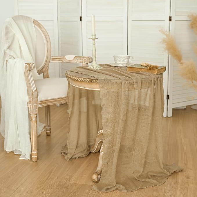 Artoid Mode 3PC Boho Cheesecloth Gauze Sand Wedding Table Runner, 120 Inch - Image 4