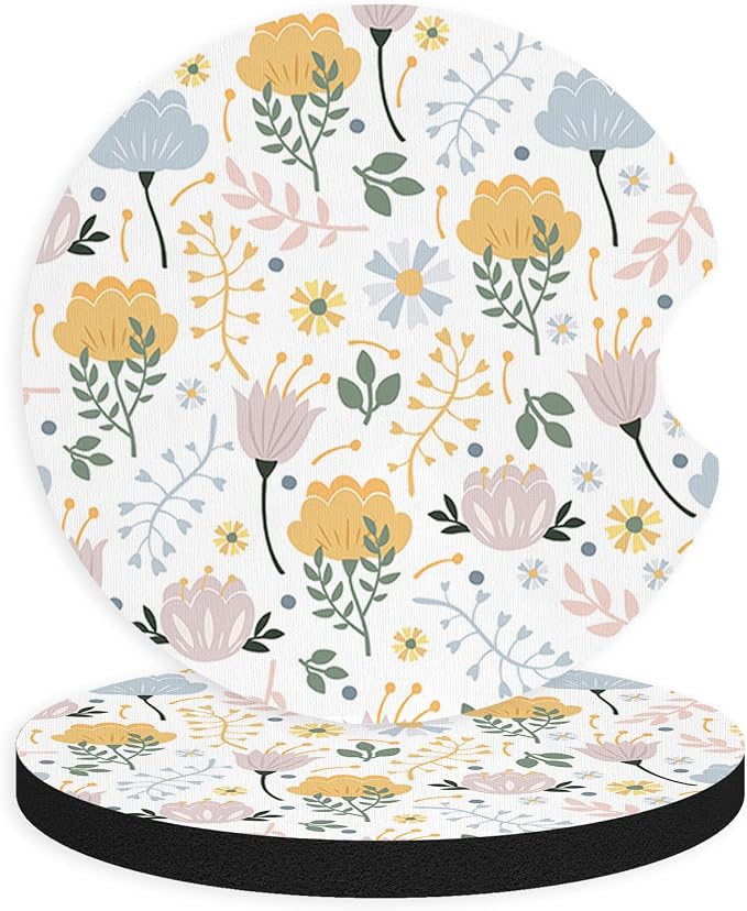 2pcs Cute Yellow Flowers Cute Flowers Car Coasters, Absorbent Universal by Unknown