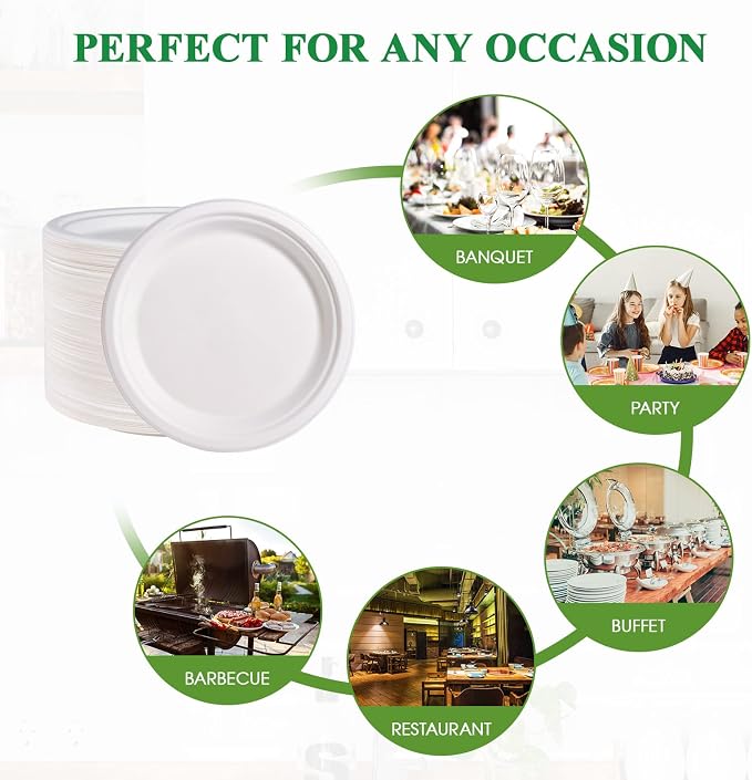 Vplus 500 Pack Compostable Bagasse Paper Plates 9 inch, 100% Bagasse, Natural - Image 6