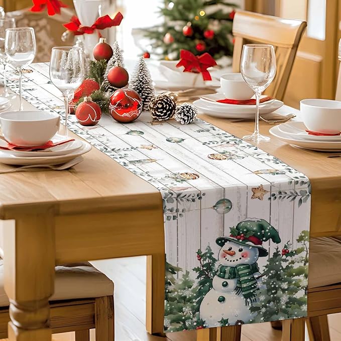 Christmas Snowman Table Runner 36 Inches Long, Xmas Trees Eucalyptus Leaves - Image 9