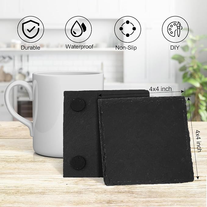 24 Pcs Slate Coasters, 4 inch Black Stone Coaster Set, Square | Laser Engraving - Image 2