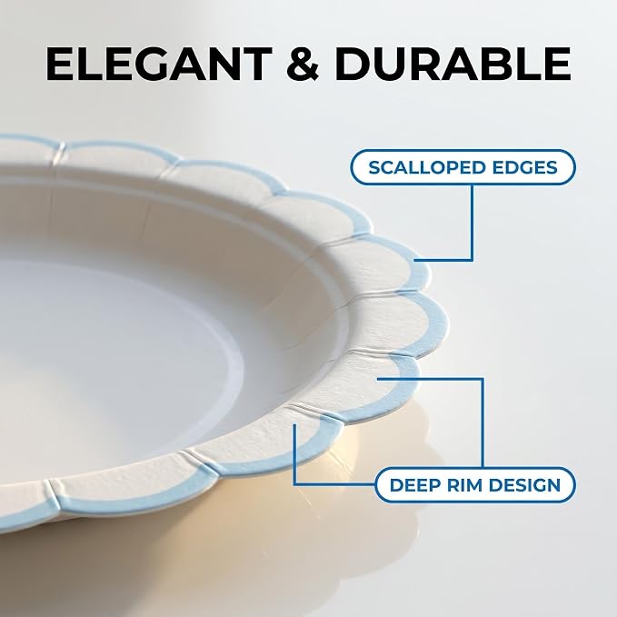 30 Pack Blue and White Paper Plates 7 Inch, Disposable Scalloped Plates Dinner - Image 4
