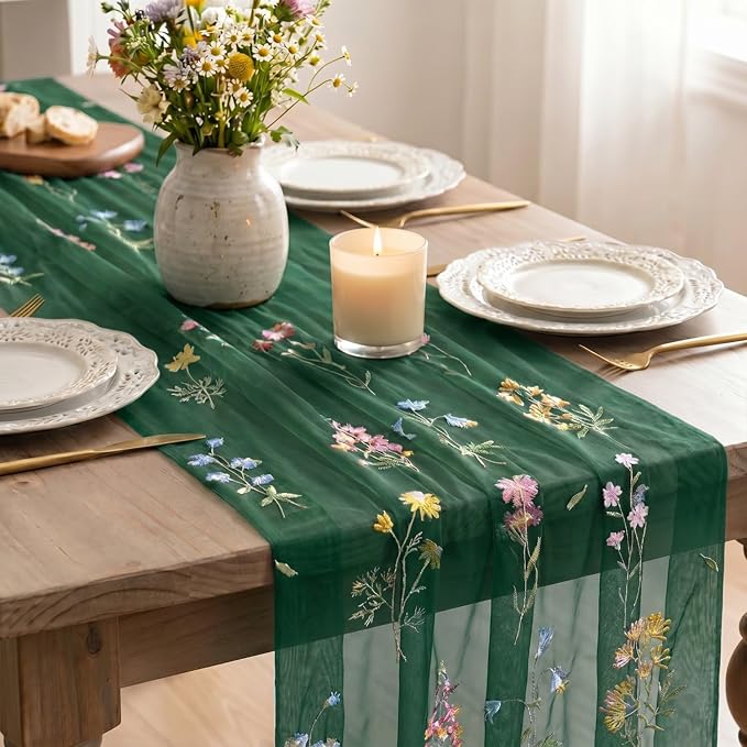 Artoid Mode Wildflower Floral Green Gauze Embroidery Table Runner 120 Inch 10FT - Image 4
