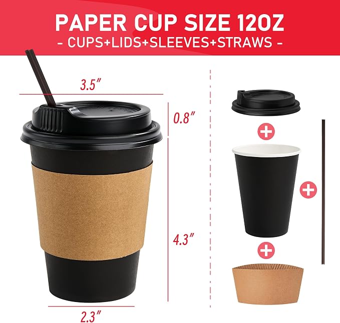 12 oz Paper Coffee Cups with Lids 100 Pack, Sleeves and Stirring Sticks - Image 2