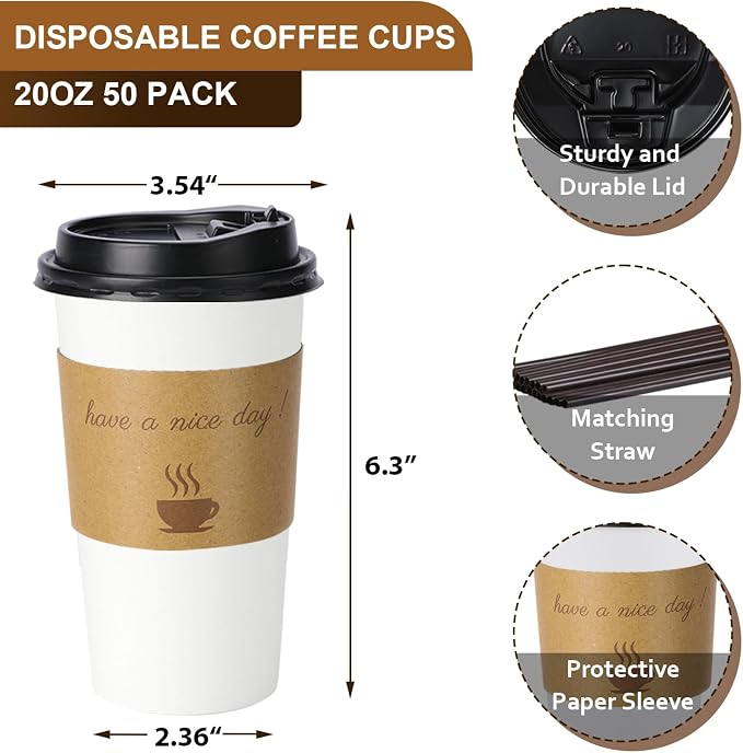 BYSNOW 20 oz 50 pack Disposable Paper Coffee Cups - Image 2