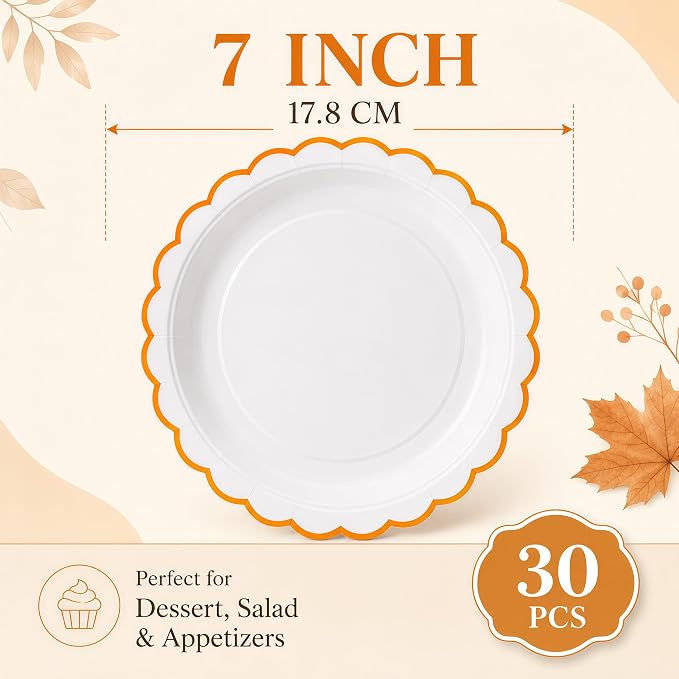 30 Pack Orange and White Paper Plates 7 Inch, Disposable Scalloped Plates - Image 2