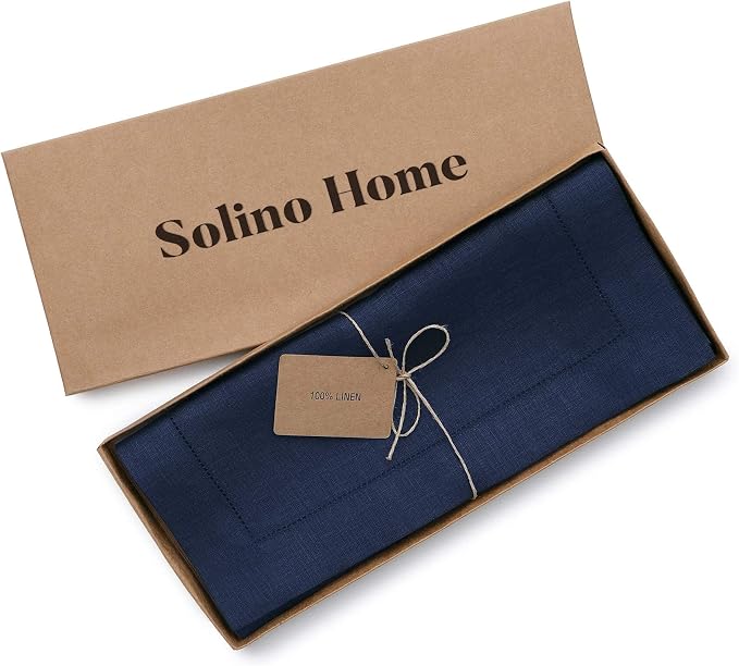 Solino Home 100% Pure Linen Dining Table Runner Navy Hemstitch, 14 x 132 in | - Image 5