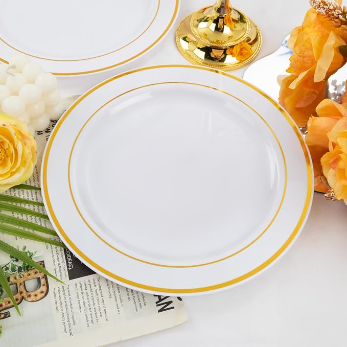 bUCLA 30PCS White and Gold Plastic Dinner Plates Disposable - Image 3