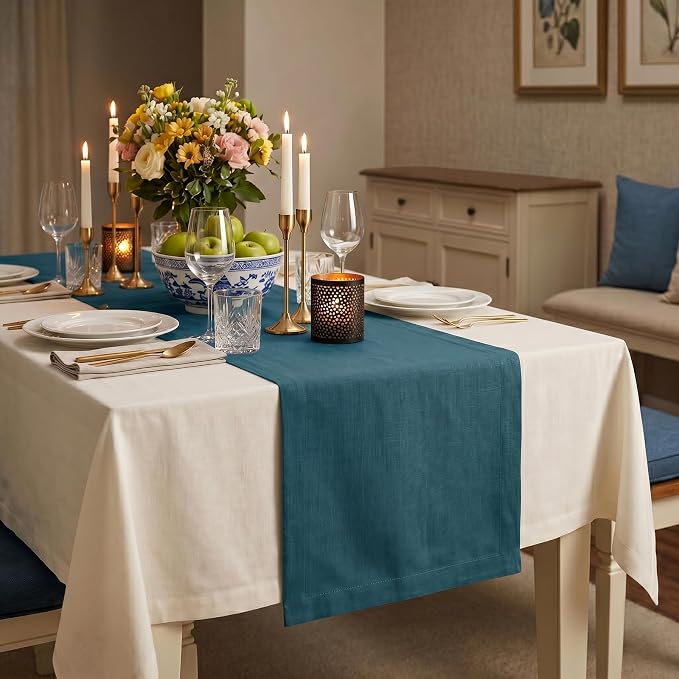 Solino Home 100% Pure Linen Table Runner Blue, Fete 14 x 132 Inch Long | Table - Image 3