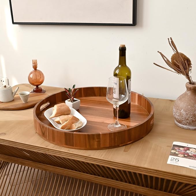 20 Inch Extra Large Round Serving Tray HeavyDuty Acacia Wood Tray - Image 2