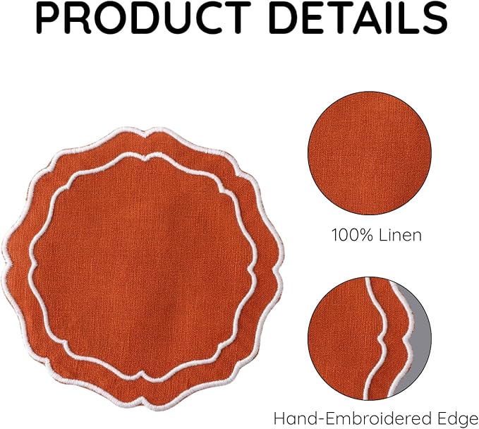 Linen Coasters for Drinks, 4.5 inch, Tangerine | Absorbent Linen Drink Mats - Image 4