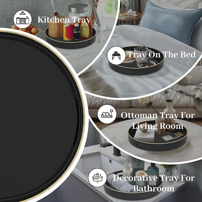 13" Black Decorative Tray, Plastic Round Serving Tray - Image 7