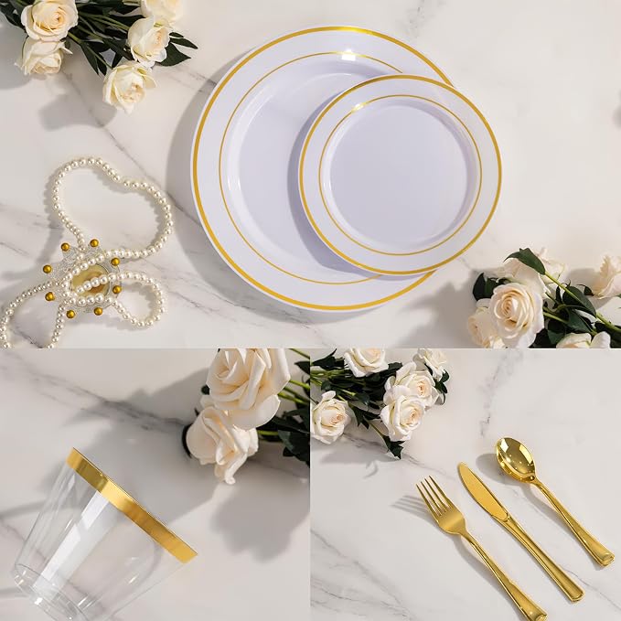 WELLIFE 600 PCS Gold & White Disposable Dinnerware Set - Image 7