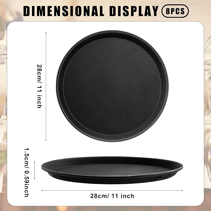 Zopeal 8 Pieces Black Round Restaurant Serving Tray, Plastic Non Slip Surface - Image 2